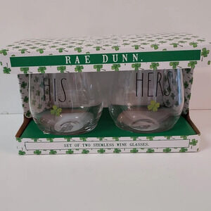 NIB Rae Dunn Shamrock Stemless Wine Glass Set His and Hers